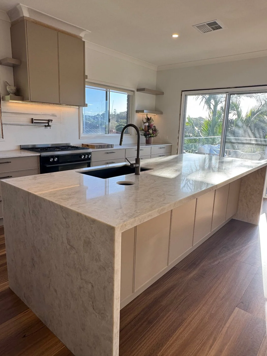 Completed kitchen — RVC Taj Mahal Warm Beige 30mm engineered stone